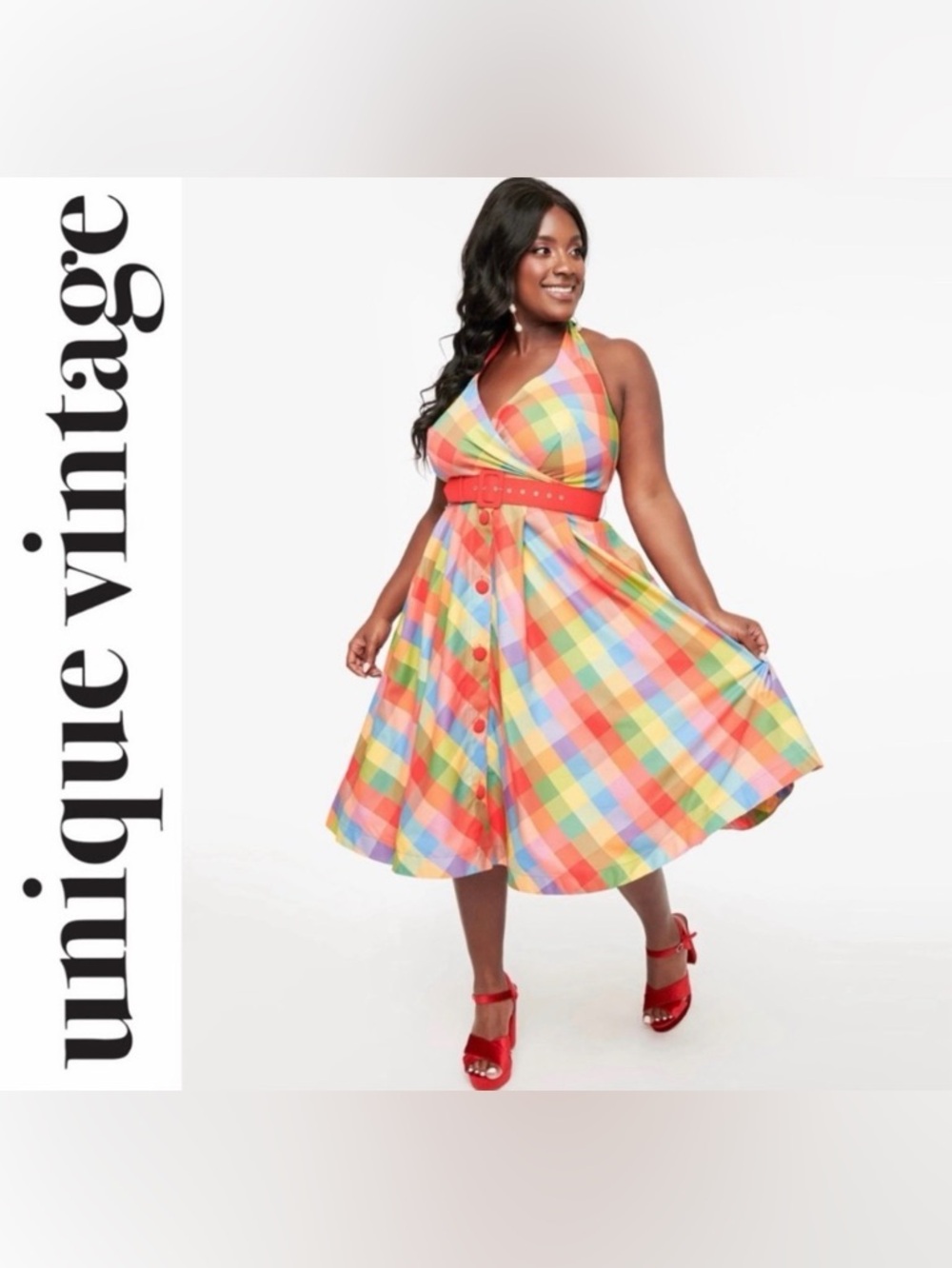 Unique Vintage Rainbow Madras Plaid Tarrytown Hostess Dress, Size L/XL, NWT!